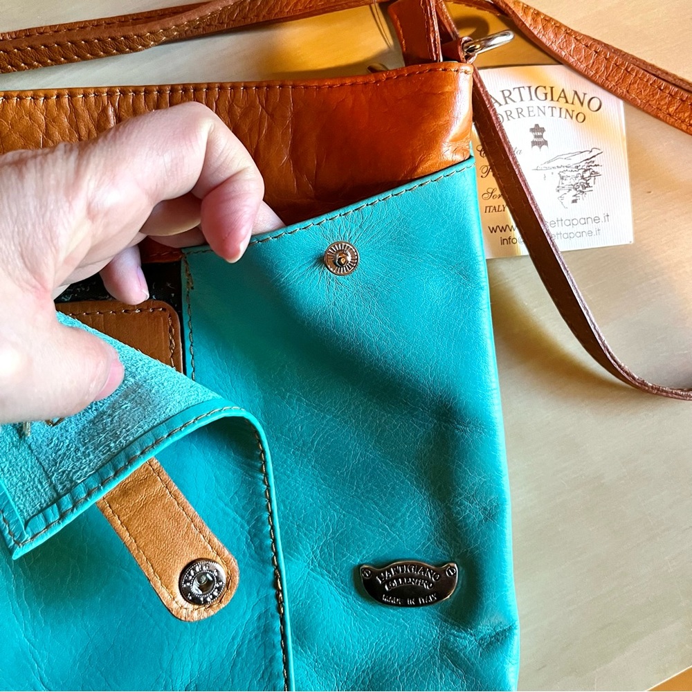 L' Artigiano Sorrentino Genuine Leather Crossbody Purse Teal & Tan NWT - Picture 3 of 8